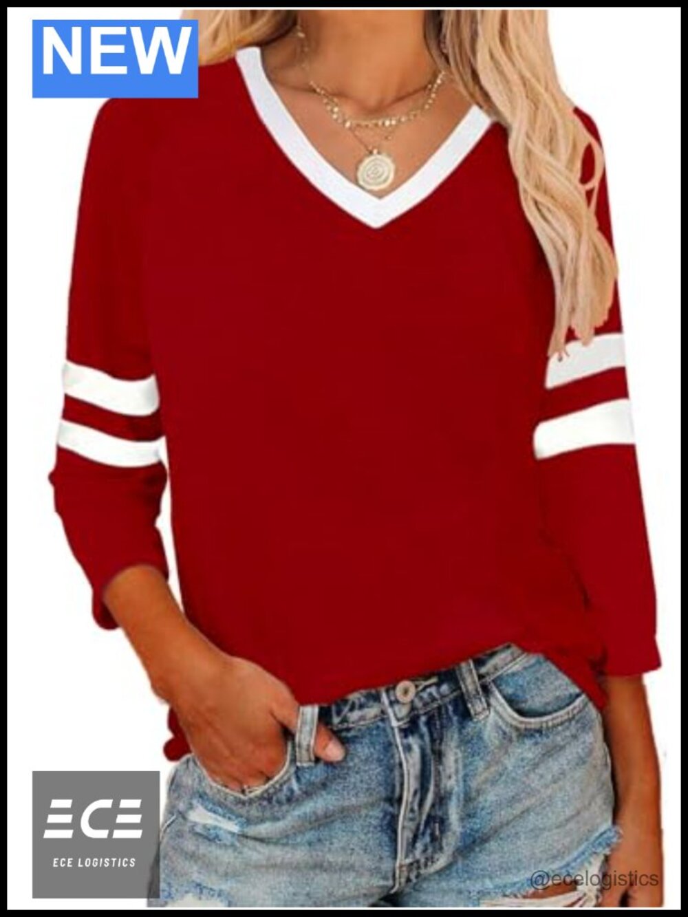 Womens V Neck Color Block Tee 3/4 Sleeve Tunic Top Baseball Jersey
